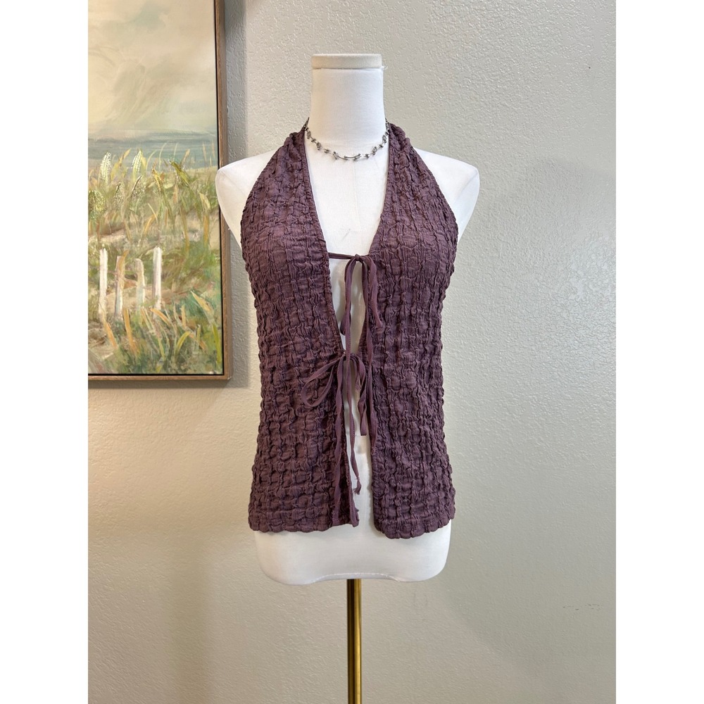 Zara Plum Purple Popcorn Crinkle Halter Tie Front Open Back Top Small